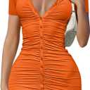 DAAWENXI Women's Sexy V Neck Ruched Button Down Clubwear Night Out Mini Club Dress (Orange, L)