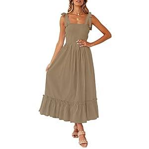 ZESICA Women's 2024 Summer Boho Spaghetti Strap Square Neck Solid Color Ruffle A Line Beach Long Maxi Dress, Khaki, X-Small