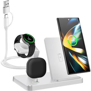 Wireless Charger for Samsung,3 in 1 Wireless Charging Station for Samsung Galaxy S25/S24/S23/Z Fold/Flip,Fast Phone Watch Charger Dock Stand for Galaxy Watch Ultra/7/6/5,Galaxy Buds (White)