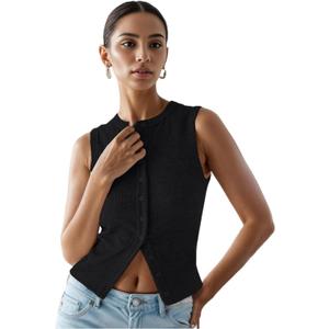 Womens Button Down Tank Tops Ribbed Summer Vest Button Up Open Front Sleeveless Slim Fit Crop Going Out Tops (X-Large, #1 Black)