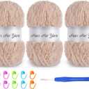 3 Skeins Faux Fur Yarn Soft Fluffy for Crocheting,Chunky Fuzzy Eyelash Yarn for Crochet Hats, Scarves, Bags, Cushions(Apricot)