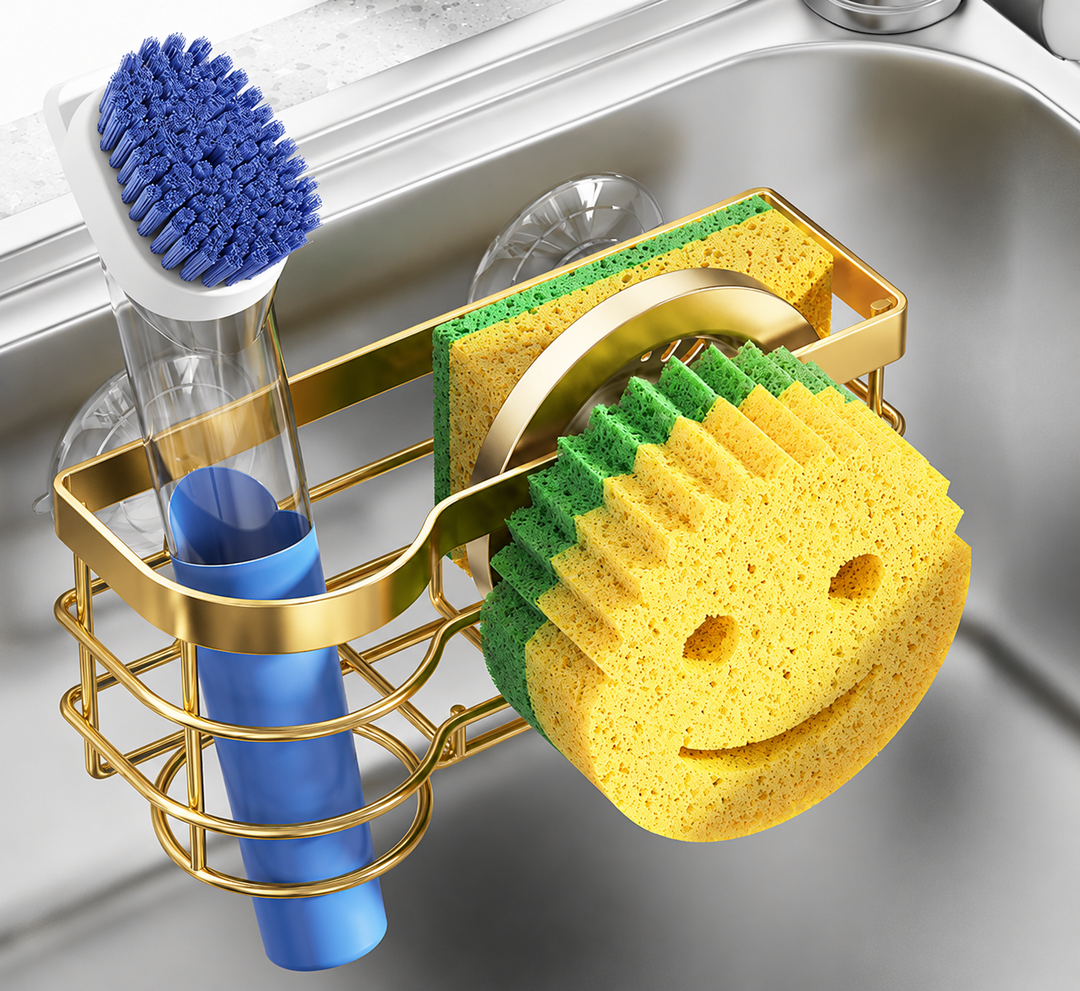 Cisily Gold Smiley Sponge Holder for Kitchen Sink Caddy, Stainless Steel Movable Brush Holder Dish Cloth Hanger, Suction Cup Sink Organizer Scrubbe, Gold