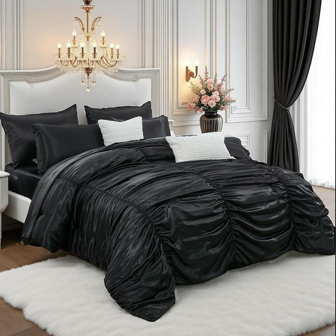 Bedorm Black Satin Comforter Set 9 Pcs Queen Size Ruched Bedding Set Pintuck Pinch Pleat Silky Bedding Comforter Luxury Black Bed in A Bag with Comforter, Sheeet Set, Pillowcases & Cushion Cover
