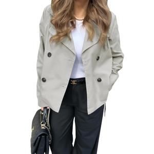 Onedreamer Women's Double Breasted Trench Coat Classic Lapel Long Sleeve Blazer Jackets Casual Outerwear With Belt (Medium, Grey&White)
