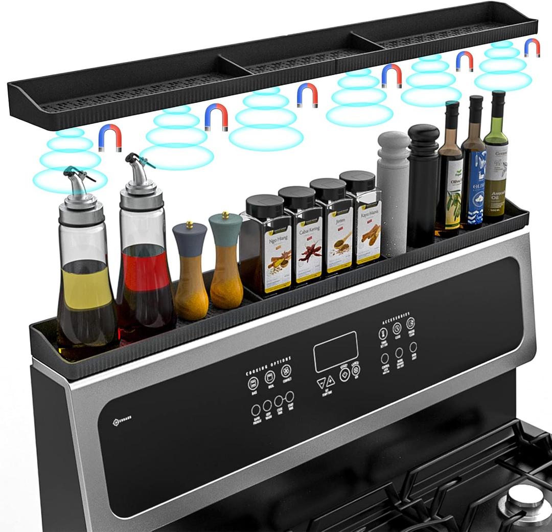 Foeacry 30 Inch Magnetic Stove Top Shelf - Heat Resistant Silicone Over Stove Spice Rack Organizer for Kitchen, No Drill, Easy Clean, Fits Gas & Electric Stoves (Black)
