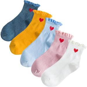 3/5 Pairs Cute Heart Socks Ruffle Socks Ankle Socks for Women Crew Socks Gifts for Womens Socks