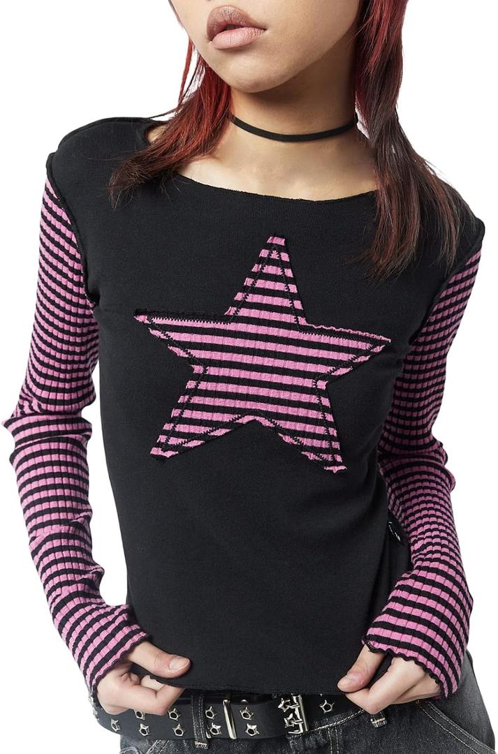 Women Vintage Star Pattern Stripes Patchwork T Shirts Long Sleeve Crew Neck Crop Top Casual Y2K 90s Streetwear (Medium, Pink)