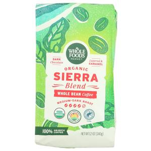 Whole Foods Market, Organic Sierra Blend Whole Bean Coffee, Medium-Dark Roast, Dark Chocolate & Caramel, 12 Ounce (EXP 07/21/26)