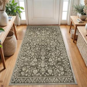 Vintage 3x5 Washable Rug for Entryway, Super Soft Taupe Brown Entryway Rug with Non-Slip, Printed Faux Wool Floral 3x5 Area Rug Thin Floor Carpet for Kitchen, Bedroom, Living Room