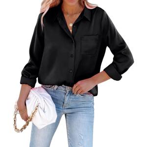 Satin Button Down Shirts for Women Long Sleeve Slim Fit Office Blouses Casual Business Silk Tops with Pocket S-XXL (M)