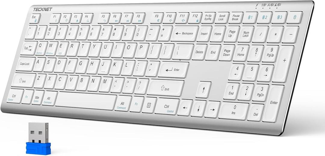 TECKNET Bluetooth Keyboard Rechargeable, 4-Device Free Switching (2.4G+BT), Ultra-Slim Full Size Wireless Keyboard, Quiet Typing, for PC/Laptop/Smart TV/Phone, Adjustable Stand, 12 Multimedia Keys (White)