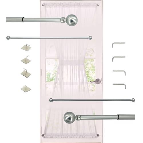French Door Curtain Rod, Dual Installation (Screws or Adhesive), 3/8” Slim Satin Nickel Café Rod Set of 2 for French Doors, Kitchen Windows, Door Glass 2 Pack