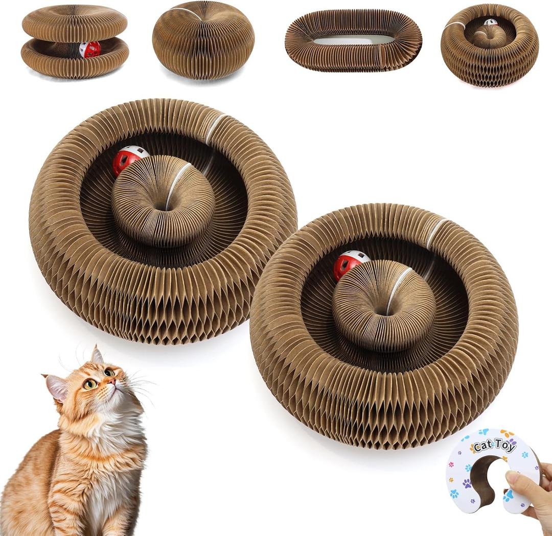 2Pcs Magic Organ Cat Scratcher Cardboard, Foldable Scratching Board, Interactive Cat Toy with Bell Ball, Corrugated Cardboard Scratch Pad for Indoor Cats, Round (Wool White)