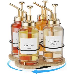 THYGIFTREE Rotating Coffee Syrup Organizer 4 Bottles Syrup Rack for Countertop Wood Bottle Holder Stand for Coffee Bar Station, Wood