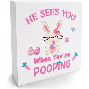 2 x Funny Easter Bunny Wooden Box Sign, "He Sees You When You're Pooping" Bathroom Decor Farmhouse Home Shelf Table Desk Decor, Wood Block Plaque Easter Decorations Gift