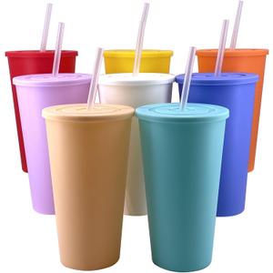 32 oz Cups with Lids and Straws - Reusable Tumbler with Lid and Straw, BPA Free Iced Travel Coffee Mug Water Bottle for Kids Adults Women (8 Pack) (32 Fluid Ounces)