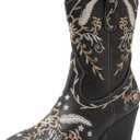 ANJOUFEMME Western Women's Cowboy Cowgirl Boots, Embroidered Round-toe Mid-calf Boots (6, Black)