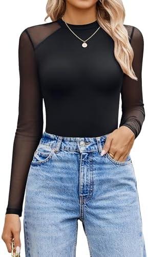 Avidlove Women Long Sleeve Bodysuit Crew Neck Body Suits Mesh One Piece Leotards Shirt Going Out Bodysuit Tops, Size M