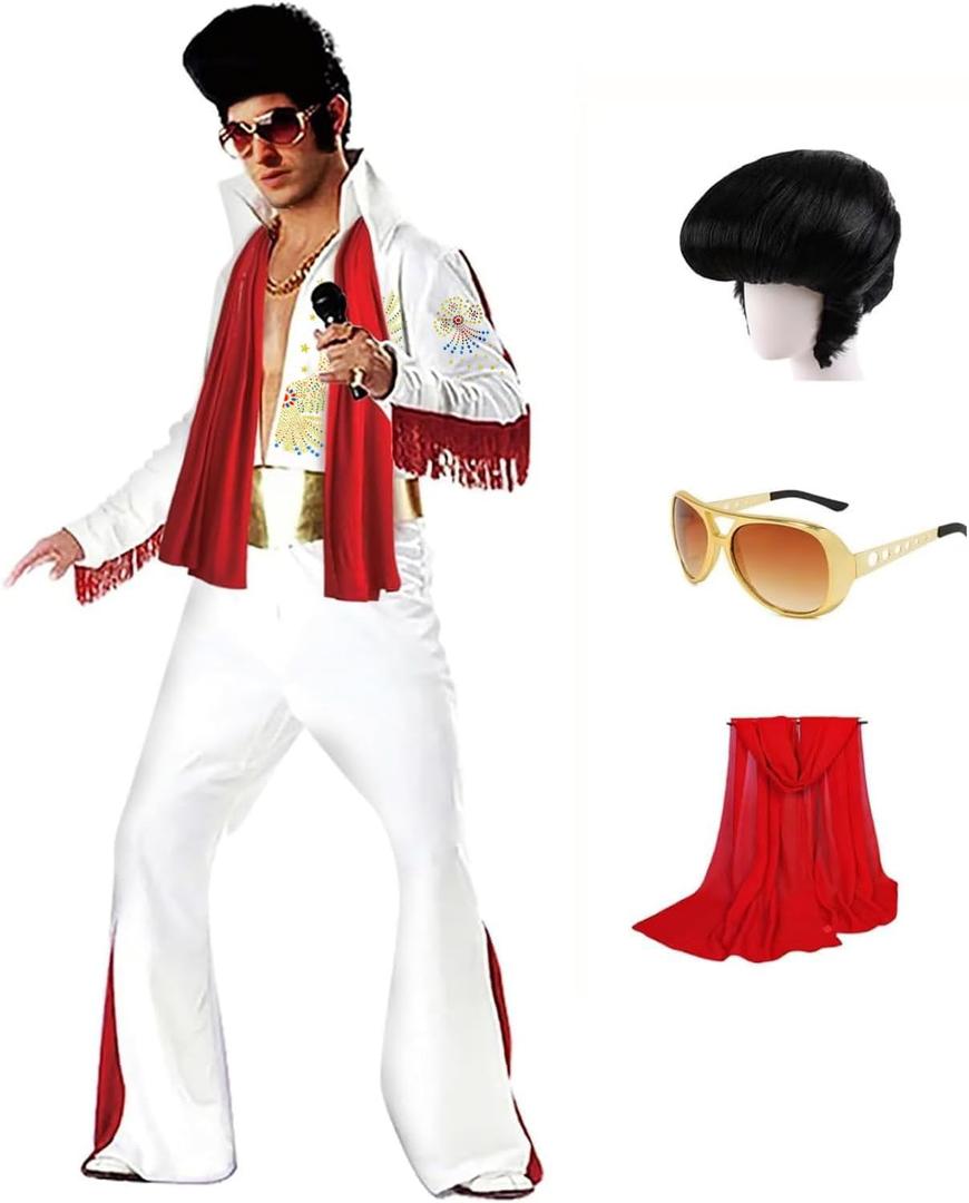 Luming Men's 50s Rock Star Disco Outfit Costume Halloween Costume Adult for Men 5PCS: Jumpsuit Wig Sunglasses Belt Red Scarf (XX-Large)