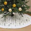 Simgoing 36 Inch Silver White Christmas Tree Skirt, Faux Fur Plush Trim & Silver Metallic Brushed Foil Print, Soft Thick Christmas Decorations Tree Base Mat for Holiday Xmas Home Party Decor