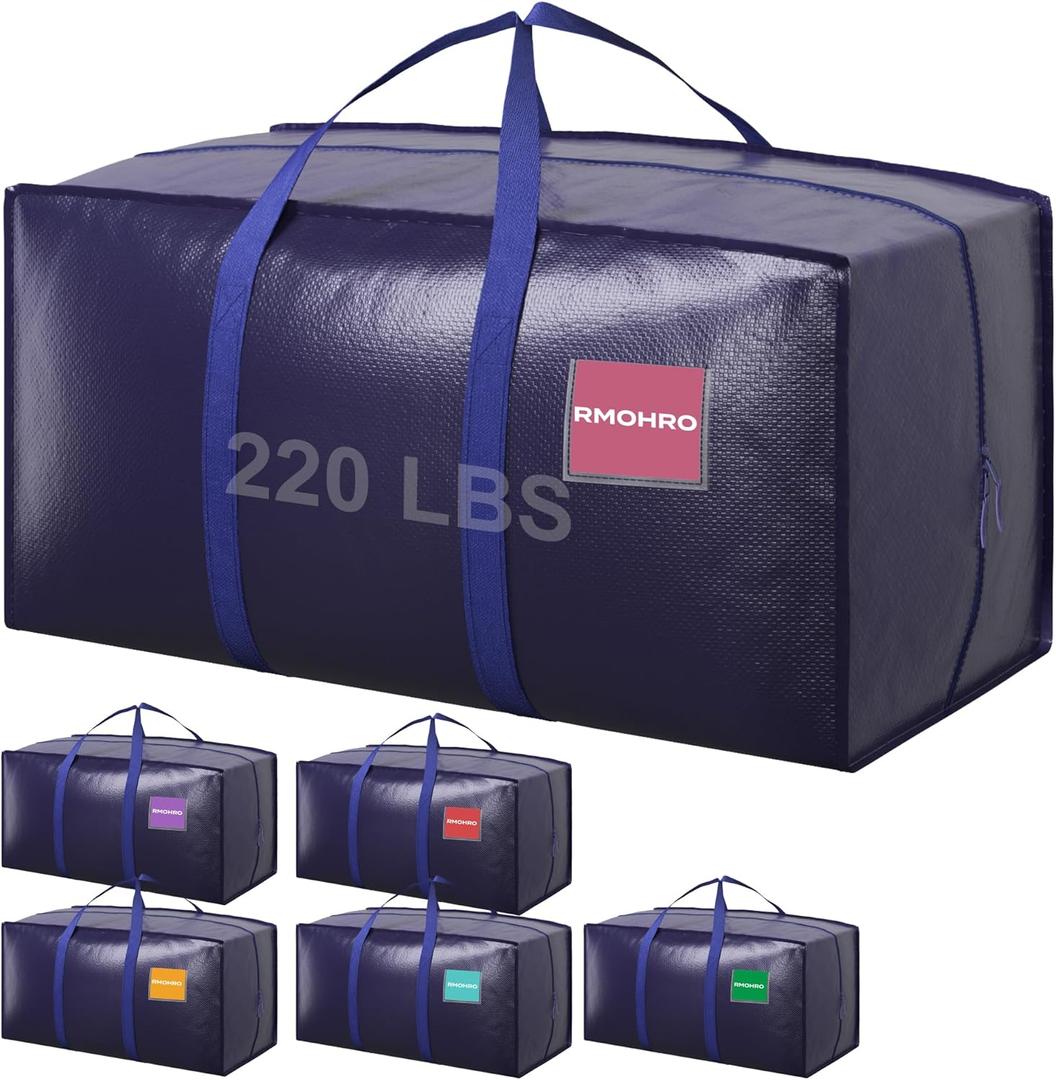 6 Pack Moving Bags Heavy Duty 210GSM with Full-Open Side Zipper, 93L 65lbs Waterproof Foldable Storage Totes for College Dorm Move-In, Moving Boxes Alternative & Home Organization, Blue