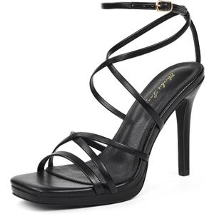 Elisabet Tang Women's Heeled Sandals Square Toe Shoes Stiletto Heels Open Toe 4IN Platform High Heels Sexy Party Wedding Shoes (7.5, Black)