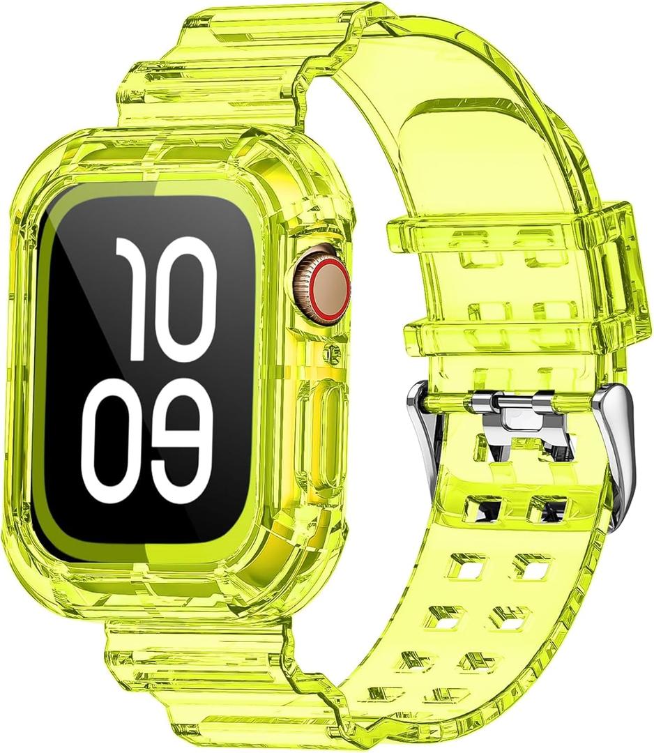 Clear Watch Band for Apple Watch 42mm 44mm 45mm 46mm Jelly Crystal Bumper Case Band for Women Men Compatible with Apple iWatch Series 11 10 9 8 7 SE 6 5 4 3 2 1 (Yellow)
