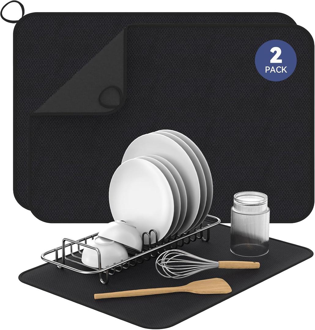 2 Pack Dish Drying Mats XL, 24" x 18" Microfiber Ultra Absorbent Kitchen Counter Mat for Dishes, Pots and Glassware, Drying Pad for Dish Easy Store, Machine Washable, Durable, Quick Drying, Multi-Use