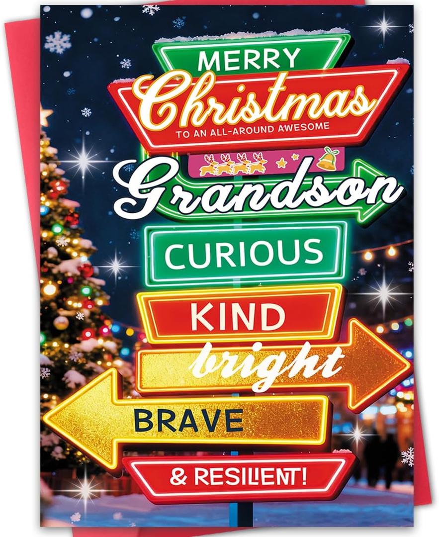 3 x Hongshan Christmas Card for Grandson,Christmas Holiday Card,Great Xmas Gifts Idea from Grandma Grandpa