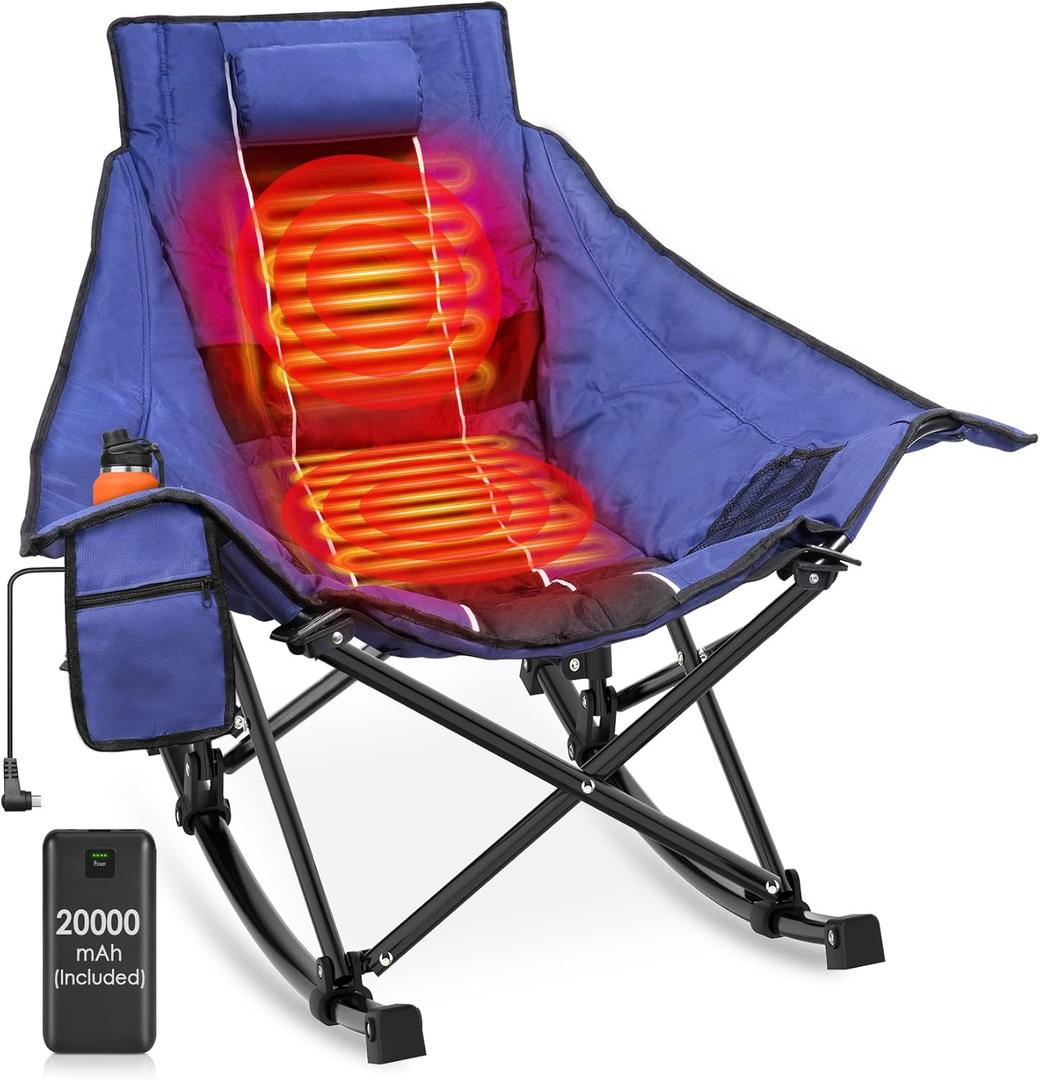 Suteck Heated Rocking Camping Chair, Oversized Heated Camping Chair W/20000mAh Power Bank & Carry Bag, Fully Padded Heated Chairs for Outdoor Sports W/3 Heat Levels for Back & Seat, Lawn Picnic Patio