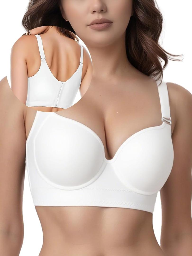 JishinGal Womens Push Up Bra Full Coverage Seamless Underwire Hide Back Fat, Wide Straps, Smooth Uplift T-Shirt Bra (White)