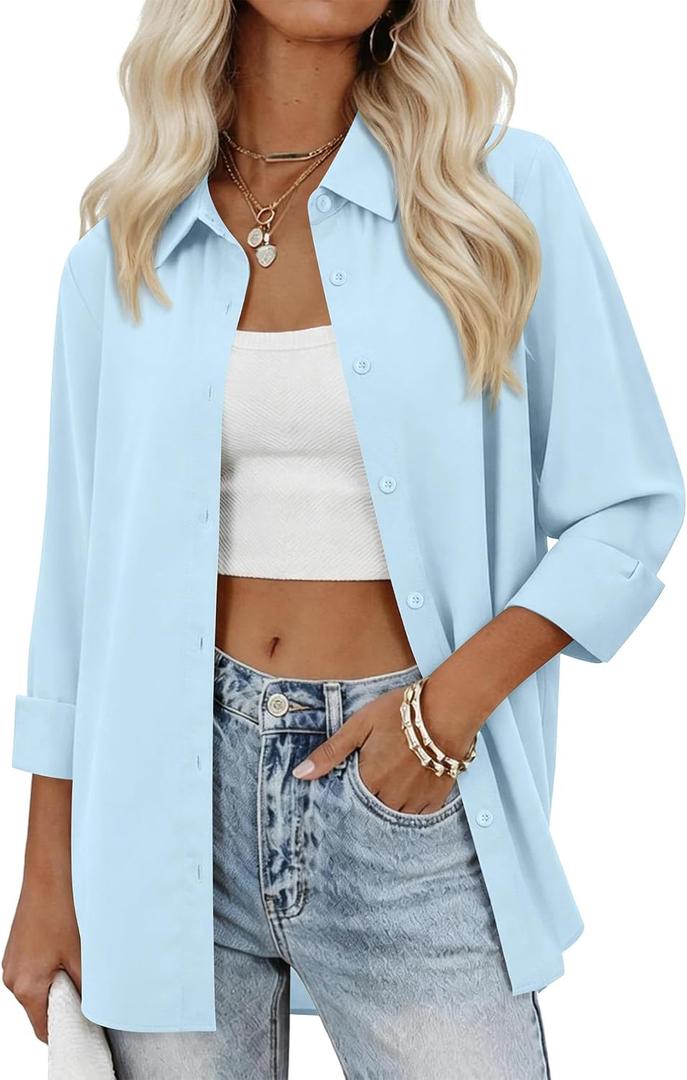 siliteelon Womens Button Down Shirts Solid Dress Shirts Long Sleeve Flowy Collared Work Office Business Blouses Chiffon Tops (Blue, XS)
