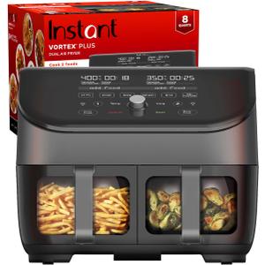 Instant Pot Vortex Plus XL 8QT ClearCook Air Fryer, Clear Windows, Custom Programming, 8-in-1 Functions that Crisps, Broils, Roasts, Dehydrates, Bakes, Reheats, from the Makers of Instant Pot, Black (8QT Dual Basket)