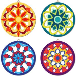 CREATCABIN 4Pcs Mandala Wood Wall Art Flower Wooden Wall Decor 10Inch Round Moroccan Talavera Sacred Geometric Spiritual Laser Cut Hollow Hanging Sign Decor for Spa Yoga Meditation Zen Room Decoration