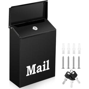10 x 7 x 3 Inch Small Black Wall Mount Mailbox with Lock Key for Outside Apartment Porch Rust Proof Security Key Drop Box for Letters Newspapers Cards