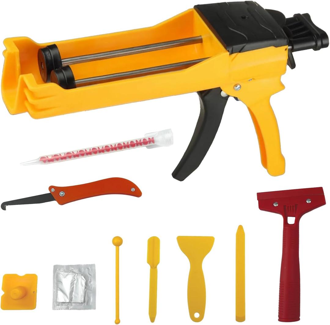 Double Caulking ,Dual Epoxy for 400 mL(13.5 fl oz,1:1 Mix Ratio),Manual Dual Component Adhesive Applicator with 9 Pieces Caulk Tools,Yellow