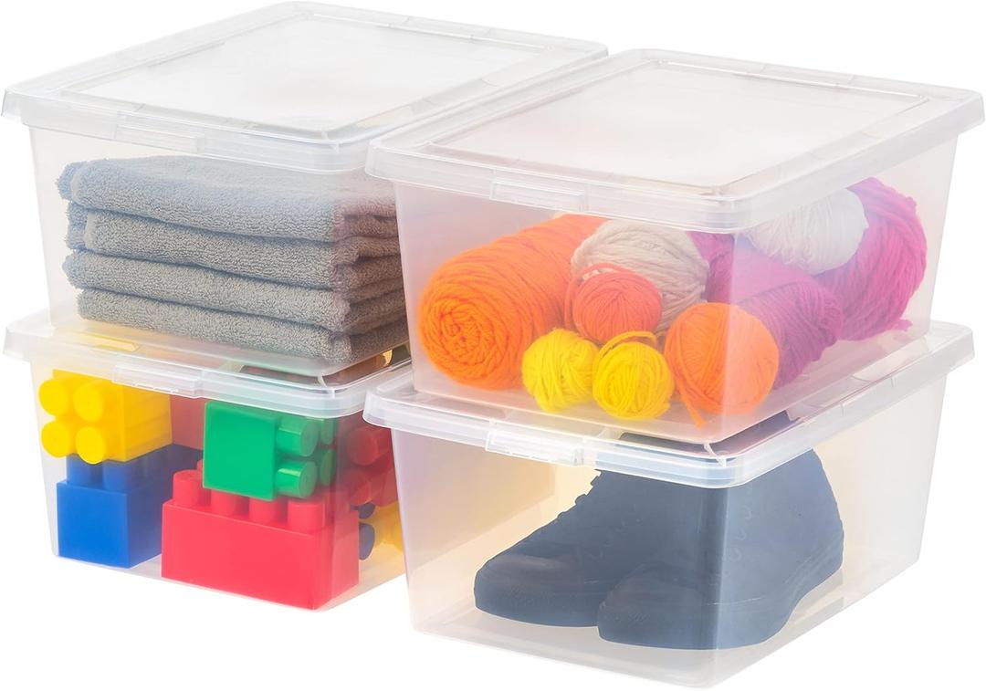 IRIS USA 4-Pack Storage Bins with Lids, 17 Quart, Shoe Boxes Clear Stackable Containers Organize Shoes Closet Shelves, Classroom Organization Teacher Tools, Game Storage - BPA-Free Plastic