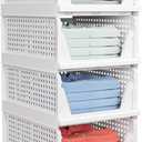 4 Pack Stackable Closet Storage Basket - Stackable Storage Bins, Multifunctional & Foldable Closet Organizer, Wardrobe Cupboard Space-Saving Clothes Storage Hat Organizer, White