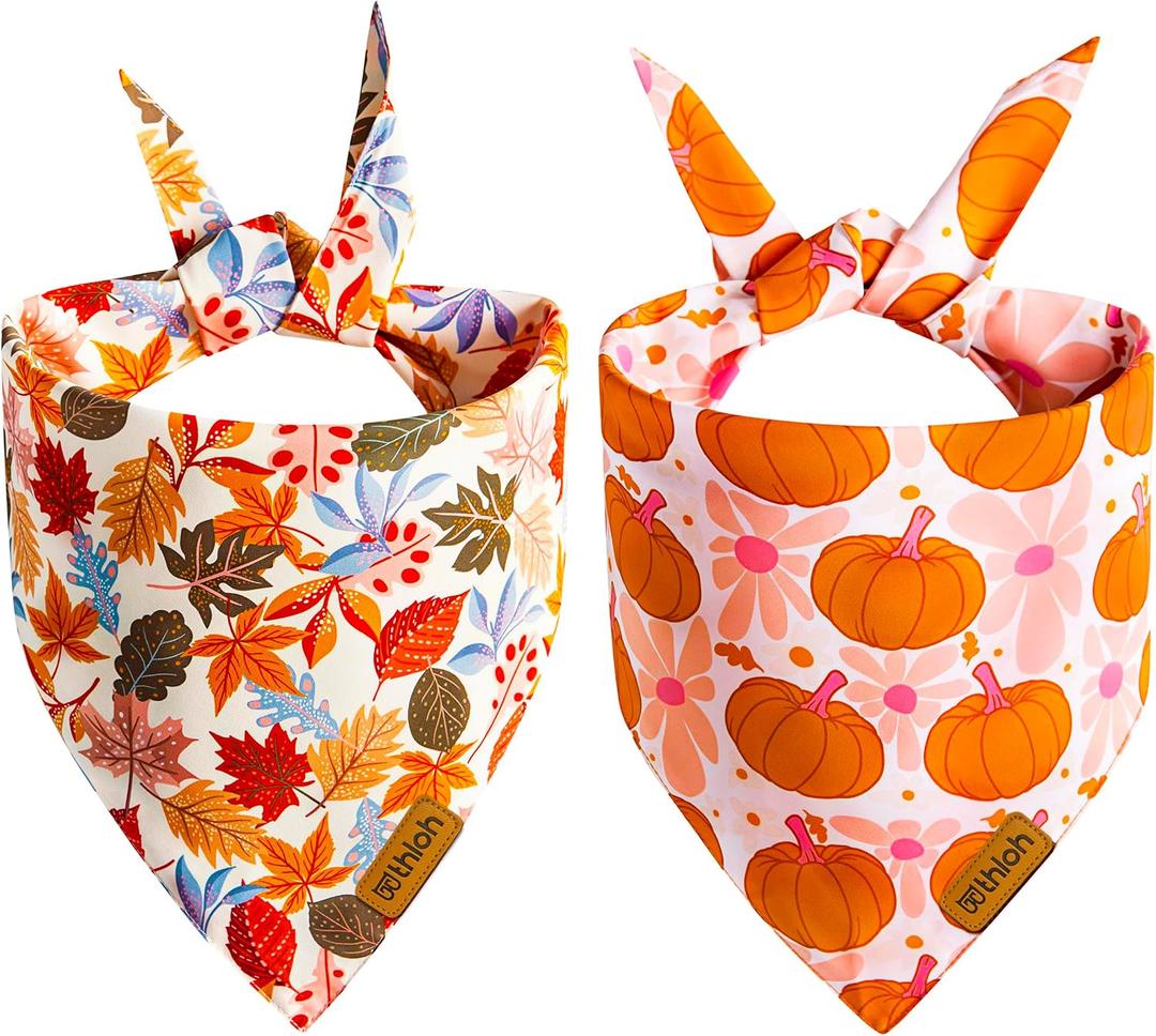 Fall Dog Bandanas - 2 Pack Halloween Thanksgiving Dog Bandana | Reversible Pumpkin and Leaf Pet Scarf | Premium Durable Fabric | Boys & Girls | Holiday Bandana for Small and Medium Dogs (Small)