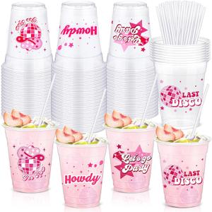 Yaomiao 50 Pcs Disco Party Plastic Cups with Straws 12 oz Pink Disco Cups Let's Go Girls Clear Glasses Pink Theme Party Favors for Kitchen Girls Birthday Baby Shower Supplies Decoration