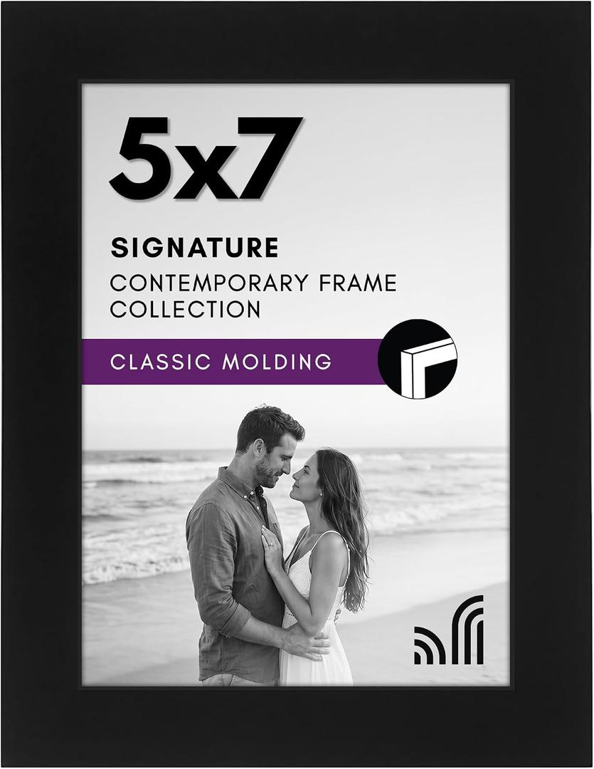 Americanflat 5x7 Picture Frame with Shatter-Resistant Glass - Signature Collection - Gallery-Style Frames Made of Engineered Wood - Photo Frame for Tabletop and Wall Display - Black