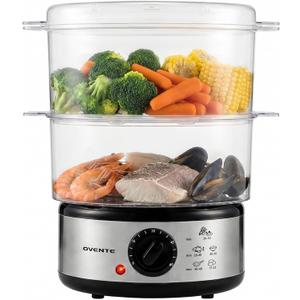 OVENTE 2-Tier Electric Food Steamer, 5 Quart Stainless Steel Stackable Steam Cooker with 400W Power, 60-Minute Timer & Auto Shut-Off, Dishwasher Safe, Healthy Vegetable & Seafood Steamer, Silver FS62S