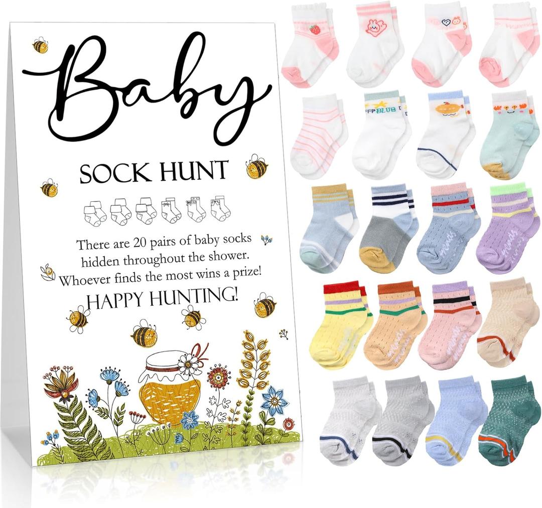 Hoteam 21 Pcs Baby Shower Games Include Baby Sock Hunt Sign and 20 Pair Small Cotton Socks Wooden Table Sign with Holder for Boy and Girl Gender Reveal Party Favors(Fresh Style) (Bee)