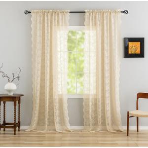 YJ YANJUN Vintage Lace Curtains 102 Inch Long-Victorian Floral Pattern Beige Sheer Curtain Panels for Living Room Home Office Light Filtering Ceiling to Floor for Large Window W52 X L102 Light Beige