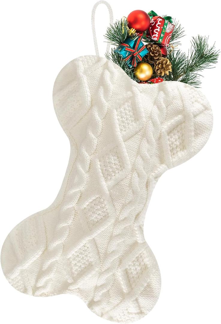 Doitory Dog Christmas Stocking, Large Bone Shape Knit Christmas Stockings for Dogs, Xmas Party Hanging Stocking for Fireplace Tree Gift Home Decoration (White)