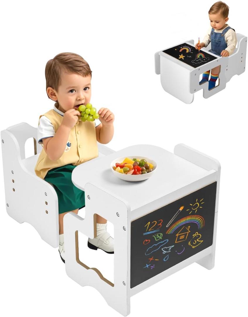 VEVOR Montessori Weaning Table and Chair Set, 3 in 1 Wooden Toddler Table and Chairs with Chalkboard, Adjustable Height Montessori Table for Ages 1-5, Ideal for Drawing, Reading, Eating - White