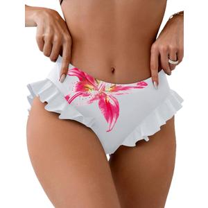 ZAFUL Women Mid Waist Bikini Bottoms Ruffles Full Coverage Swimsuit Bottom Swim Briefs Bathing Suit Bottoms (Medium, 0-white Pink Flowers)