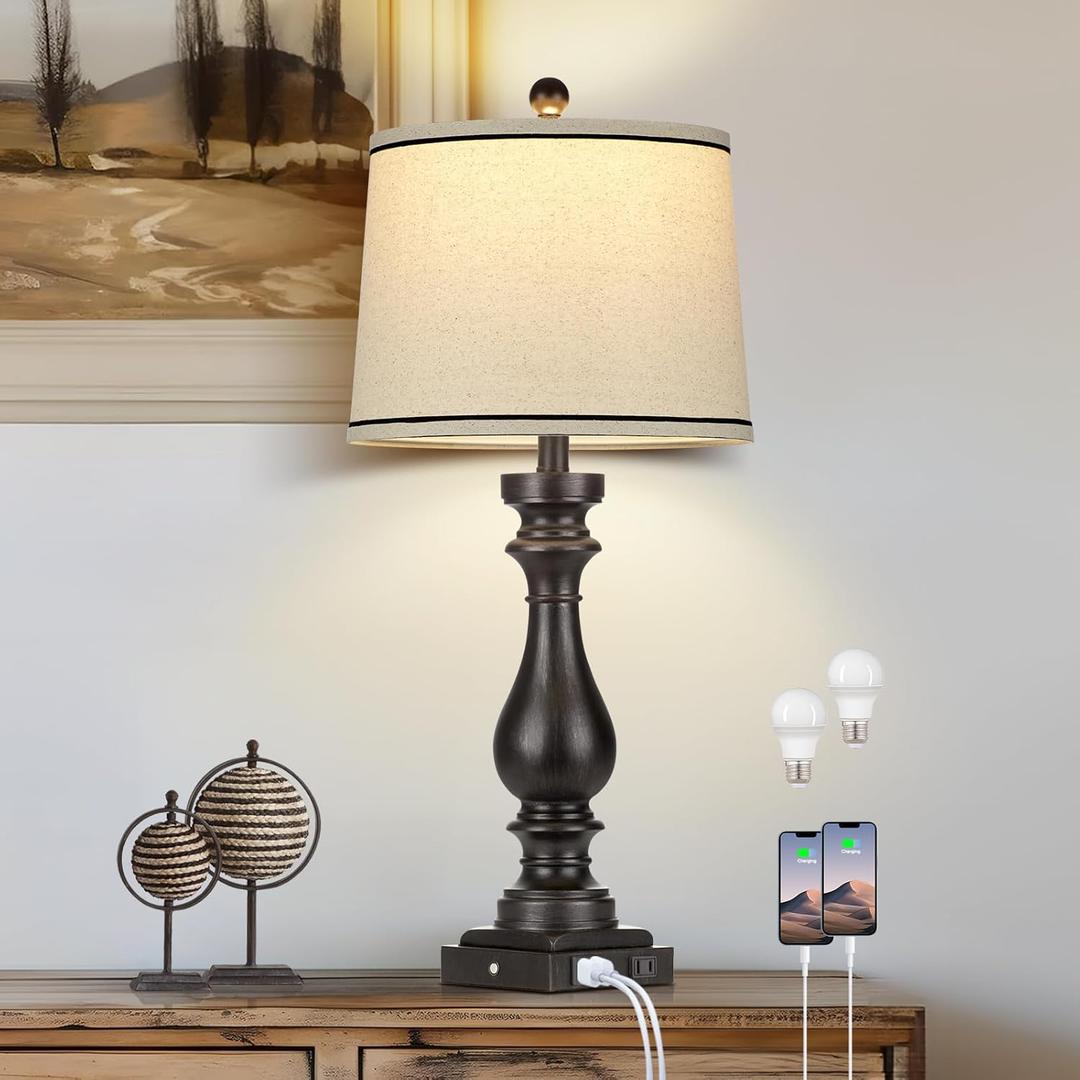 Rinweey 29" Farmhouse Table Lamp for Living Room,Vintage Bedside Nightstand Lamp with USB C+A Ports & AC Outlet,3-Way Dimmable Touch Control Retro Black Desk Lamp for Bedroom,Single Black