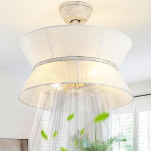 20" Rattan Boho Ceiling Fans with Lights, Caged white Fandelier Ceiling Fan with Light Remote Control, Enclosed with 6 Speeds for Bedroom, Nursery, Living Room