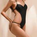 HYPERFIRE Women's Halter V Neck Bathing Suit Ruched Bust High Cut Monokini Swimsuits One Piece Black Medium (Black, M)